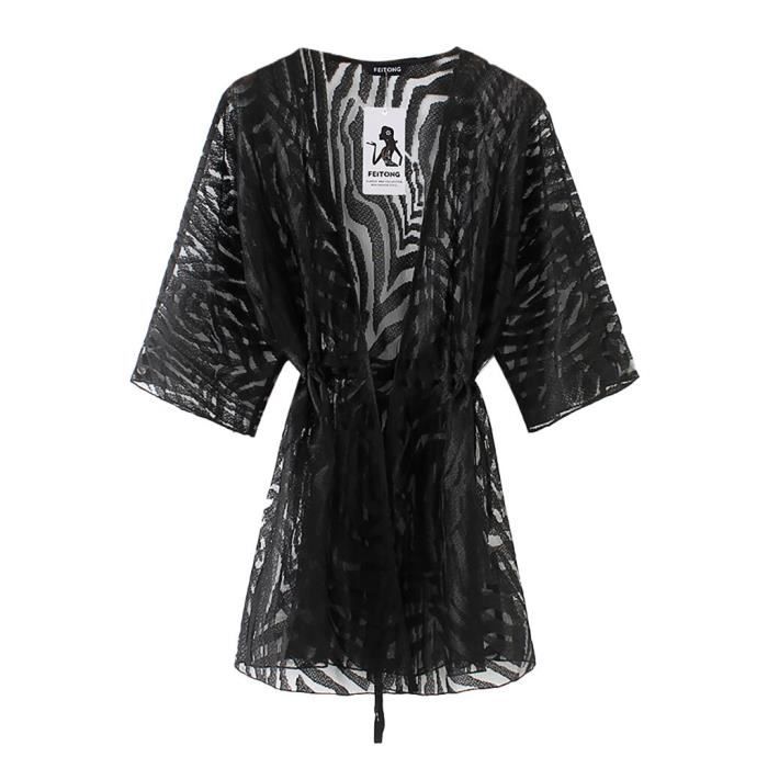 Robe de plage,Kimono de plage en mousseline de soie et dentelle florale