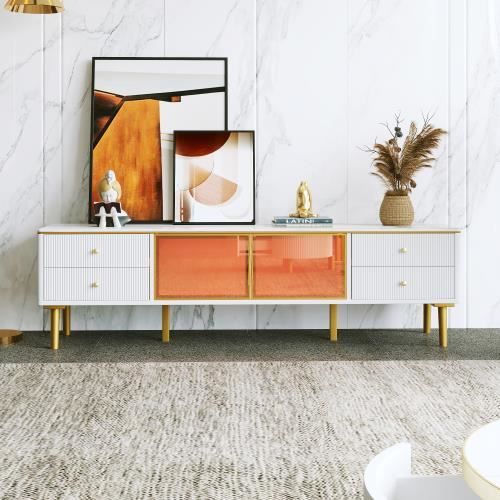 Meuble TV Avec éclairage LED – 180 Cm, Portes En Verre, Tiroirs En Rotin, Style Moderne !