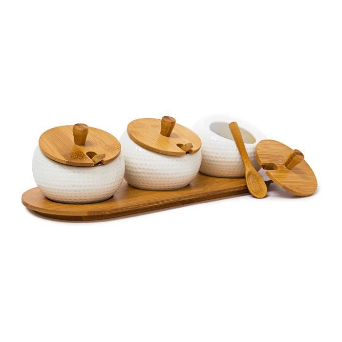 relaxdays 3 pots d'épices jiao en céramique ménagère couvercle et plateau en bambou accessoire table à manger avec cuillères en