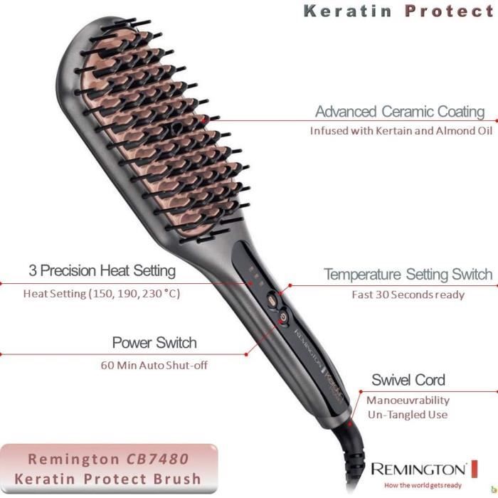Remington Brosse Lissante Ionique 2en1 Lisseur & Brosse à Cheveux Keratin Protect Soin Kératine & Huile d'amande,Lisse & Démêle,D