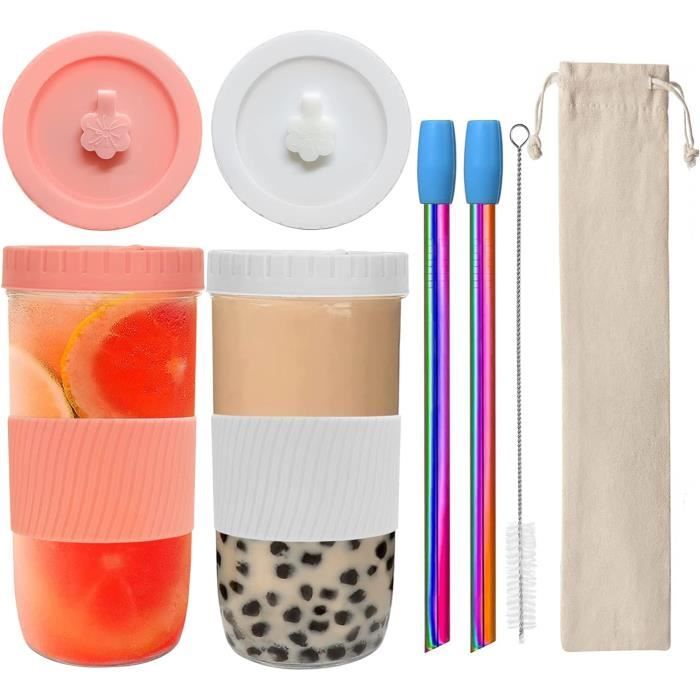 Lot De 2 Verres à Paille Imprimés Fraises - 300 Ml, Transparents, Pour Lait, Jus, Boissons Froides