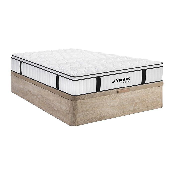 Ensemble 160 x 200 cm sommier coffre naturel clair + matelas anti-feu ressorts ensachés et surmatelas intégré ép.28cm - DELICE de