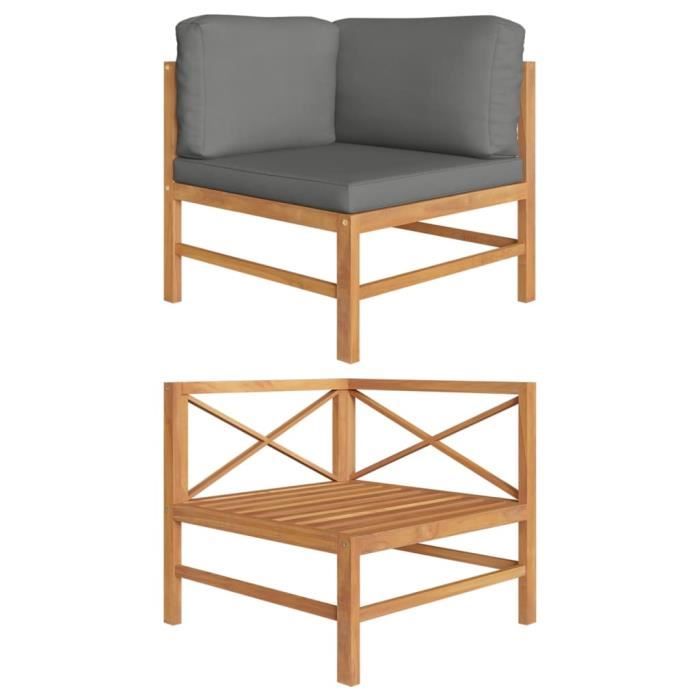 SOFA DE JARDIN UNIQUE Canapé d'angle avec coussins gris foncé Bois de teck solide {2498