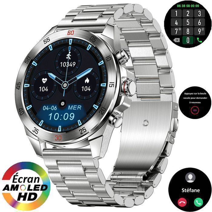 Montre Connect e Femme Homme Ronde Hybride Lunette Appel Bleutooth