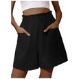 Femmes Mode Solide Coton Lin Élastique Pokets Shorts Casual Pantalon Large Noir-1