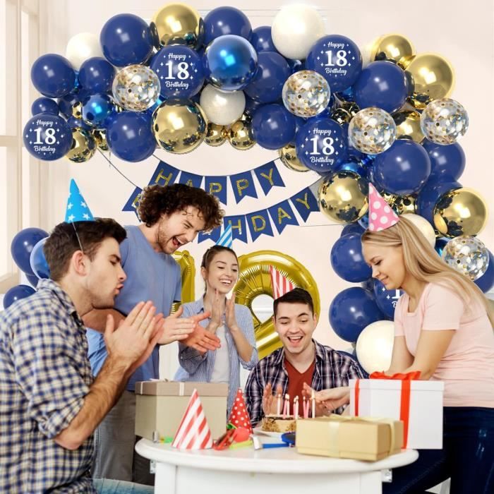 Kit Déco Anniversaire 18 Ans Bleu Or - Arche Ballon, Bannière Joyeux Anniversaire, Ballons Numeros 18 Pouces - Fête Garçon Fille Adulte