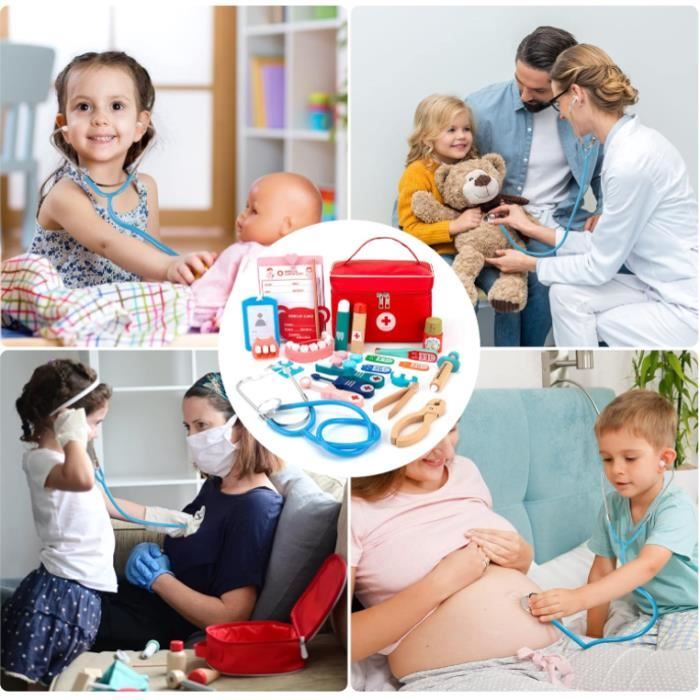 EFO SHM Mallette Docteur Enfant 33 Pièces - Kit Dentiste Avec Véritable Stéthoscope Pour Enfants 3-6 Ans