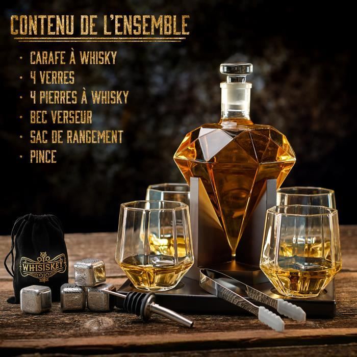 Whisiskey Carafe Whisky - Diamant - 900 ml - 4 Verre à Whisky, 4