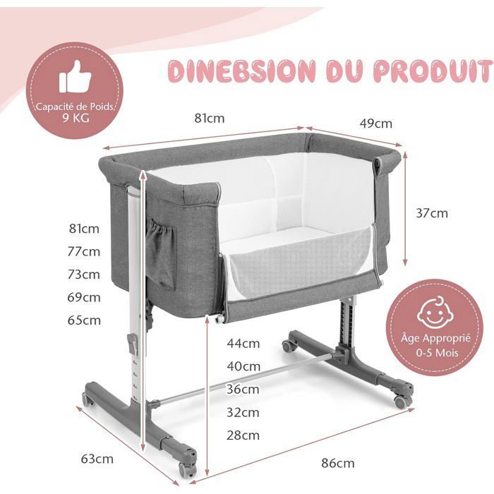 GOPLUS Berceau Bébé 3 En 1 Cododo Portable - Hauteur Réglable, Matelas Amovible, Roues (Gris)