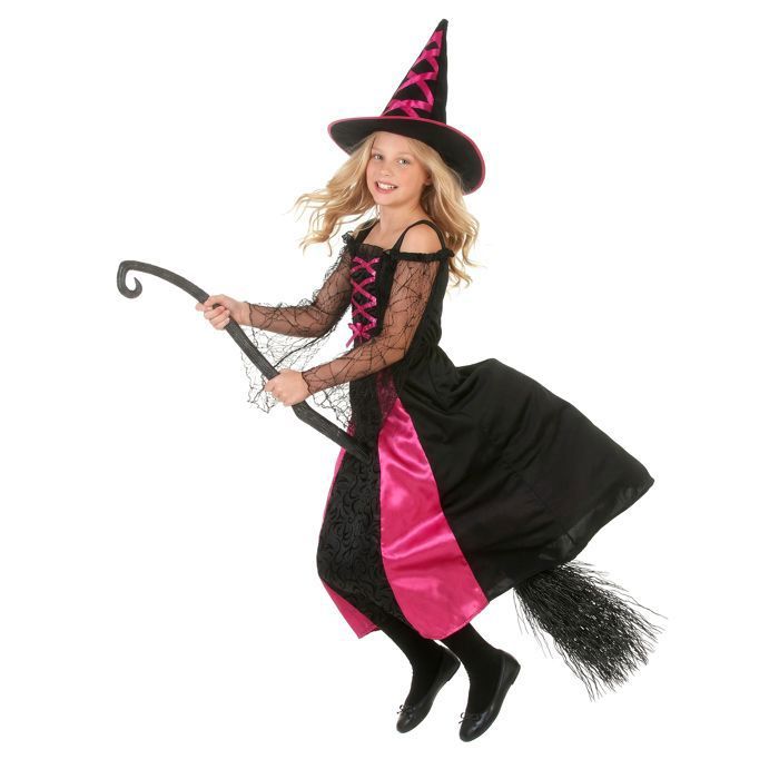 Déguisement Sorcière Enfant – Robe, Chapeau, Balai, Masque – Violet Et Noir – 3-12 Ans
