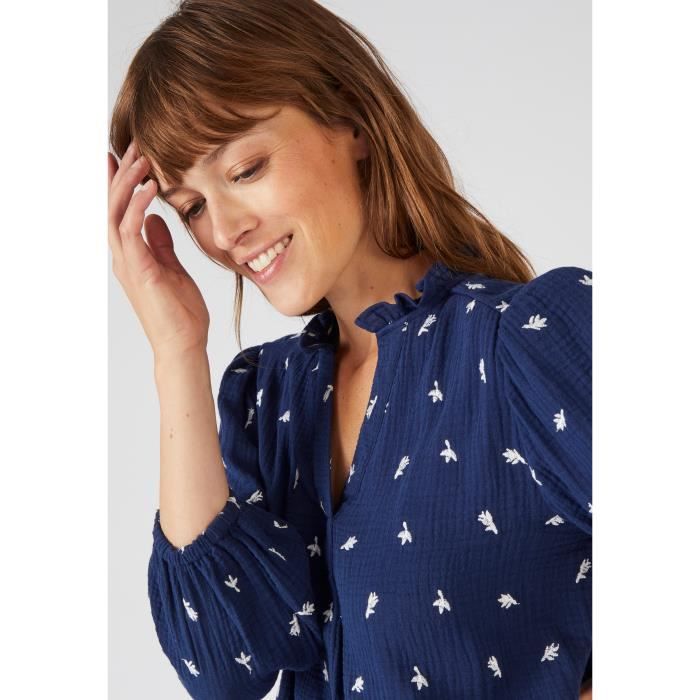 Tunique Damart Blouse gaze de coton brodee Manches trois quart Bleu marine Femme Bleu marine Cdiscount Pret a Porter