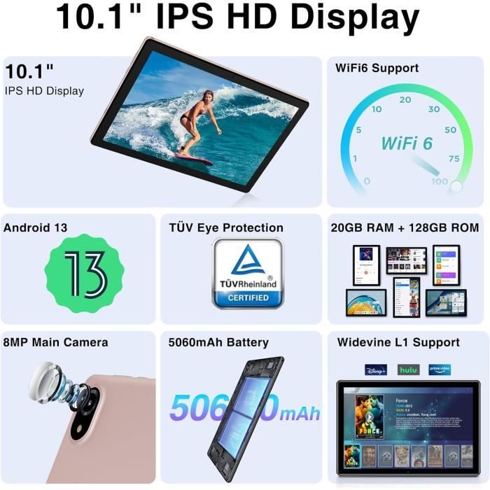 U10 Pro Tablette Android 13[2024], 20Gb+128Gb(Tf 1Tb) Tablette Tactile ...