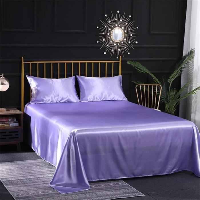 Parure de lit 4 pièces en satin de soie douce avec 1 drap-housse à poche profonde, 1 drap plat, 2 taies d'oreiller, blanc