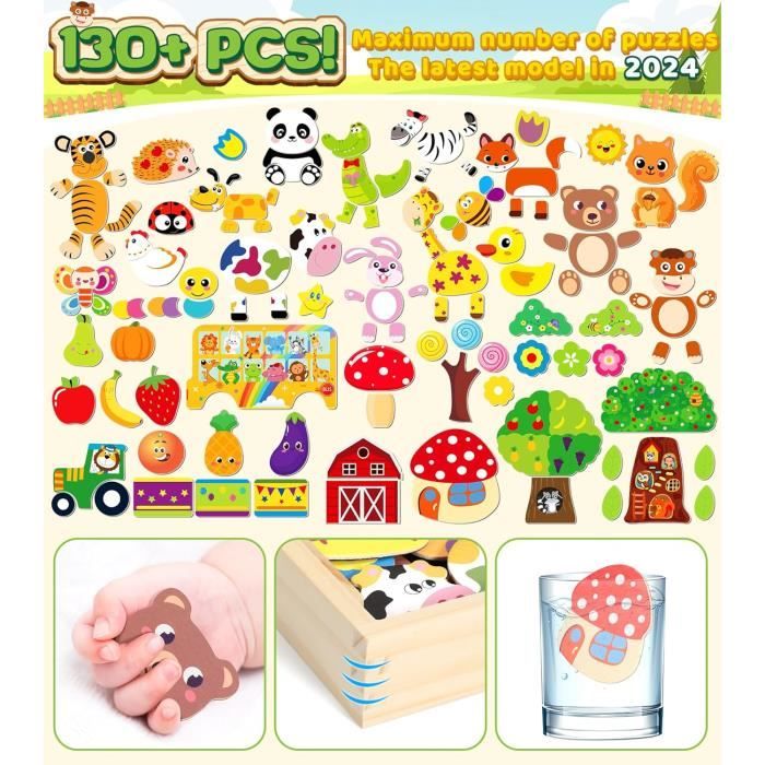130 Pi?�ces Puzzles en Bois Magn?�tique - Nouveau Jouet Montessori avec Double Face Aimant?� Mod?�le 