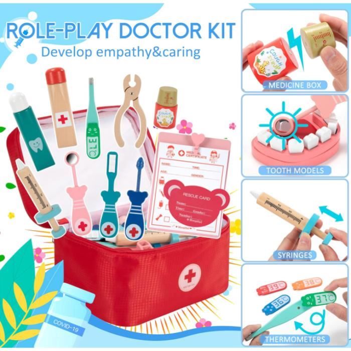 Mallette Docteur Dentiste Pour Enfants 26 Accessoires Avec Chariot Mobile - Stéthoscope, Thermomètre, Seringue, Jouet éducatif 3-8 Ans