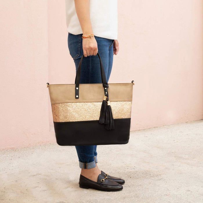 CRAZYCHIC Grand Sac à Main Paillette Femme Sac Epaule Shopping Cuir PU  Multicolore Cabas Fourre-Tout Tendance Chic Noir