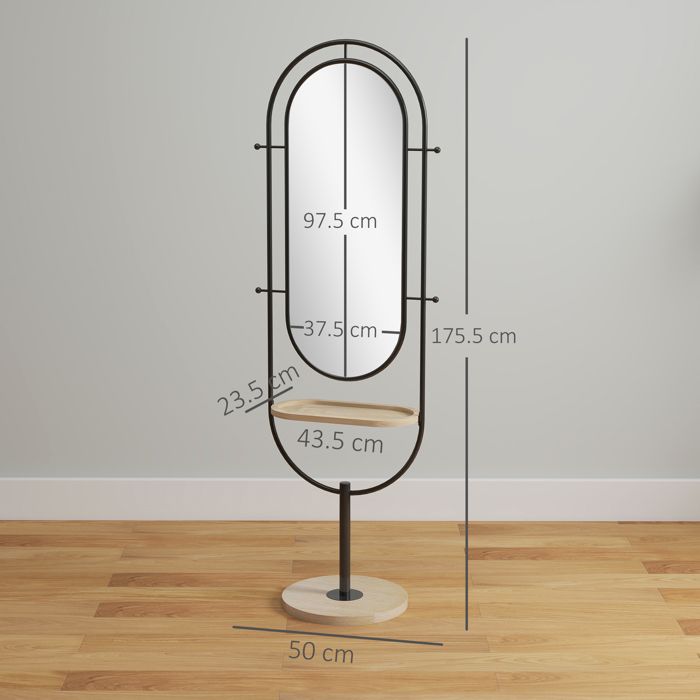 Miroir Sur Pied Ovale Grand Format – Avec Plateau En Bois Et Crochets – Cadre Métal Noir – Pour Chambre, Dressing, Salon – Dimensions 50 X 40 X 175,5 Cm