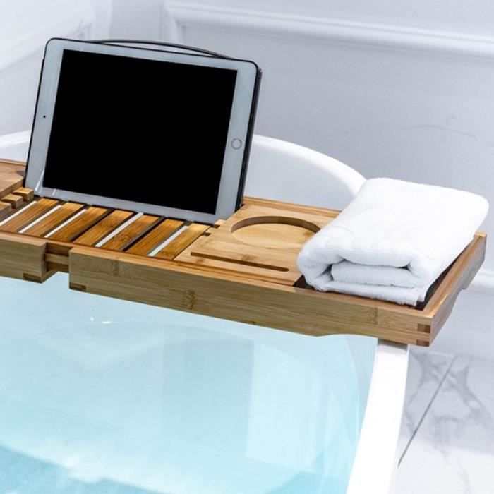 Relaxdays Plateau De Baignoire En Bambou - 70 Cm, Pieds Réglables, Support Verre/Tablette/Téléphone, Nature