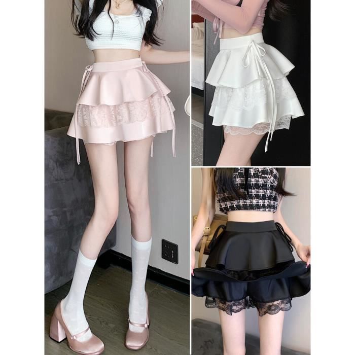 Mini jupe rose a volants pour femme dentelle Fairycore double couche bandage taille haute mignon jupe courte sexy Black A7251 Blanc Cdiscount Pret a Porter