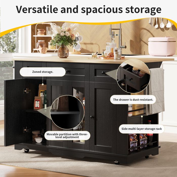 Ilot Central Cuisine KOMFOTTEU Chariot De Service Noir Industriel Avec Armoire Double Porte - Îlot Central Cuisine 82x46x92cm Avec Roulettes Et Rangements