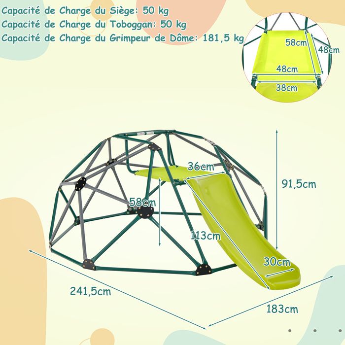 DREAMADE Dôme d'escalade avec Toboggan pour 3-10 Ans,Plateforme en Tissu,Cadre Métallique,Aire de Jeux Intérieur & Extérieur,Gris - Jeux - Jouets