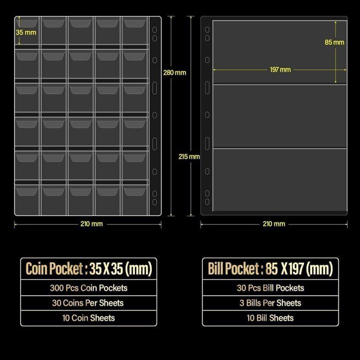 JoyHood – Livre De Collection Pièces De Monnaie, 300 Poches + 30 Poches Pour Billets, étui PU Imperméable