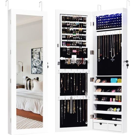 Armoire à Bijoux Enfant Avec Miroir - Organisateur Avec Couronne, Étagères Et Bac Tissu - Blanc/Rose - 115cm