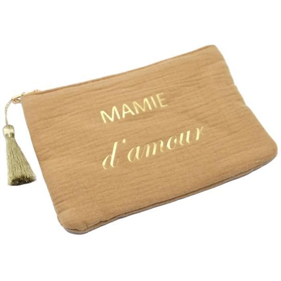 ATM210 - Trousse Pochette Coton Bleu Marine Message Maman D'Amour Pompon Doré Bleu