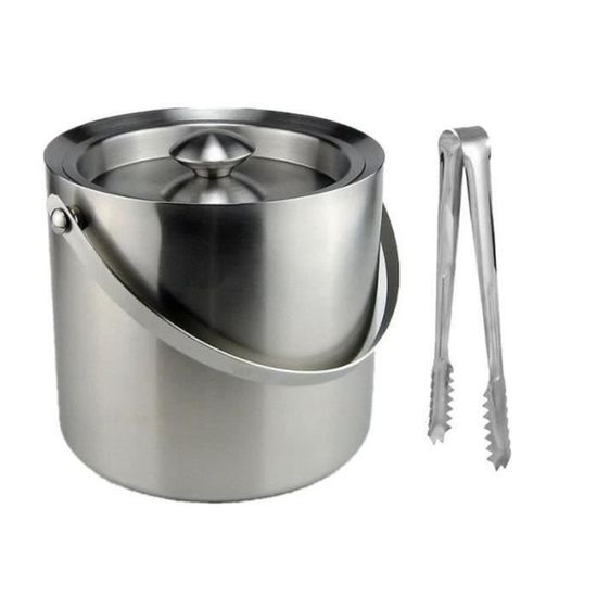 Accessoire Apéro Seau à Glaçons Acier Inoxydable 2L - Double Paroi Isolante - Avec Pince Et Couvercle - Pour Boissons Fraîches Seau à Glace 2 Litres Isolation Thermique