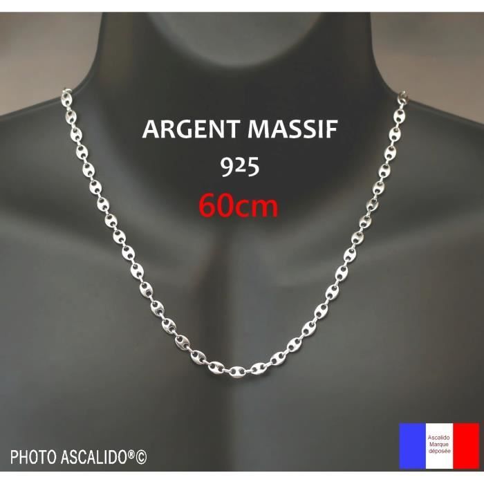 chaine longue grain de café 60cm x 6mm de large. Collier pour homme en Argent Massif 925 véritable avec Poinçon et boite