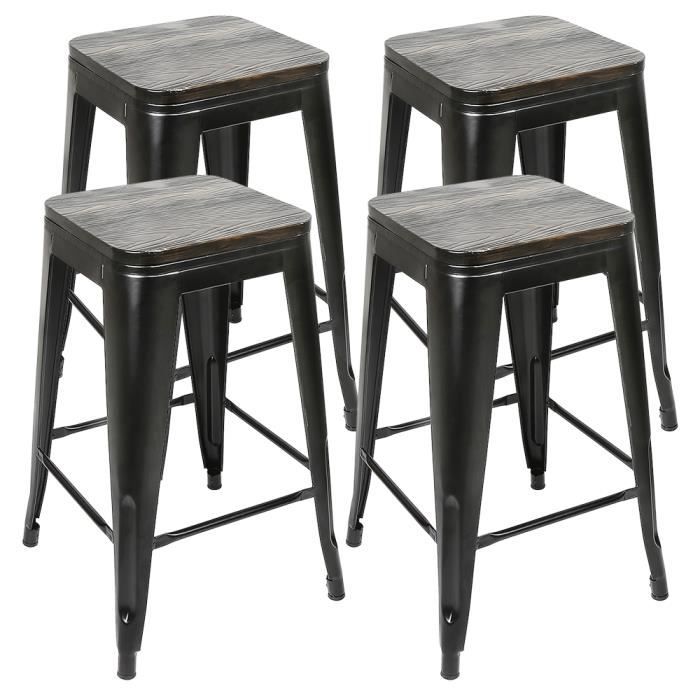 4x tabouret de bar industriel avec siège en bois, chaise de comptoir, métal, design industriel, empilable