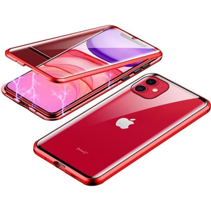 Coque iPhone 11, Étui Adsorption Magnétique Double face Verre trempé Couverture pour iPhone 11 -Rouge