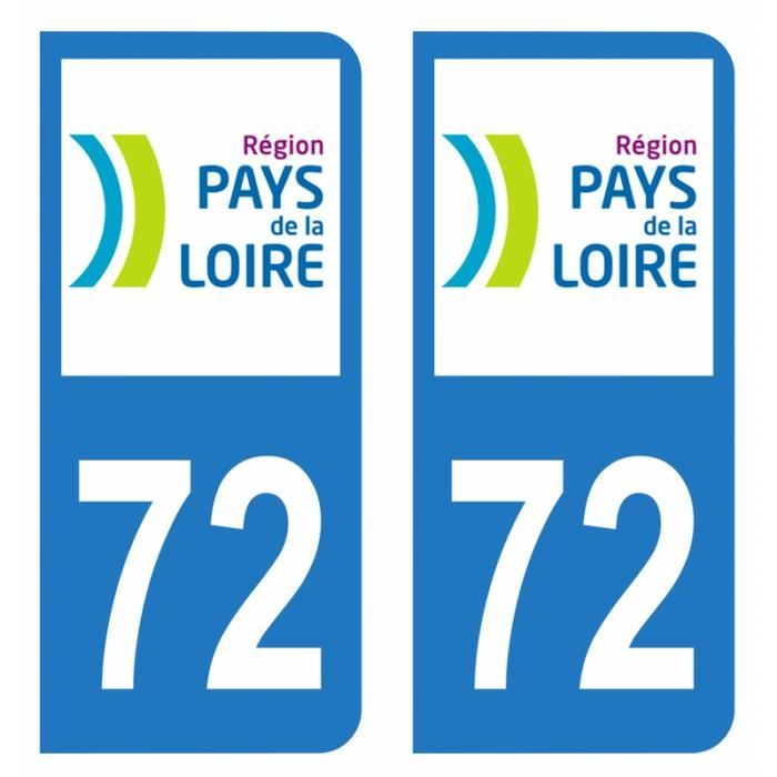 Lot 2 Autocollants Stickers plaque immatriculation voiture auto département 72 Sarthe Logo Région Pays de la Loire