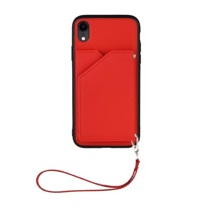 Étui iPhone XR, Porte-Cartes Cuir Dragonne Housse Protection Support Élégant Couleur Pure Léger, Rouge