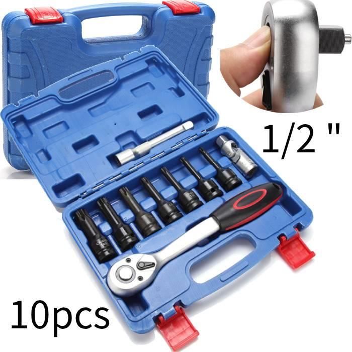 yapidgbuy® Rentable Boite à Outils 10 Pièces (Clés à Cliquet + Douilles) en Acier Chrome Vanadium Bleu - 1/2 Pouce