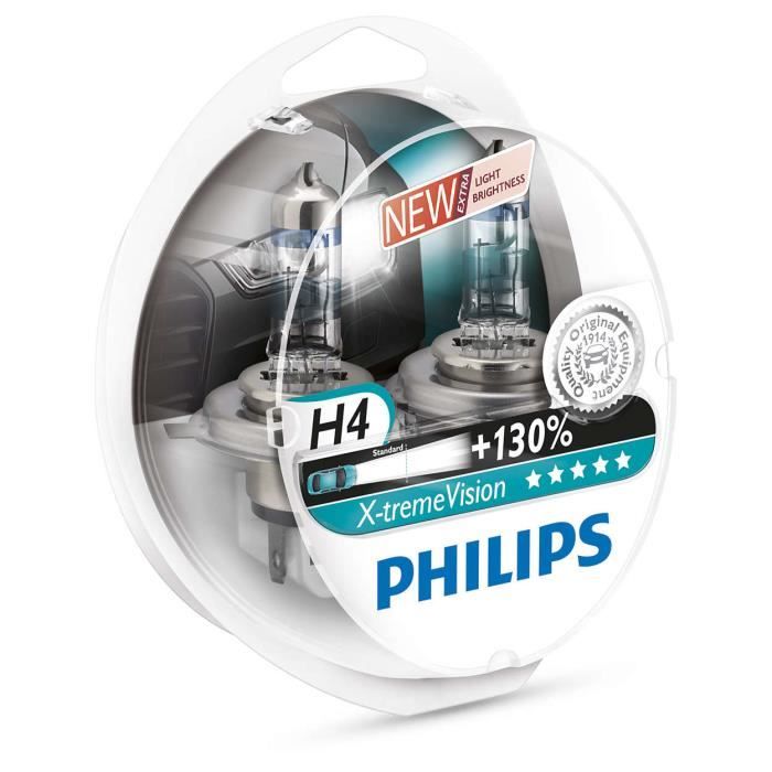 2 LAMPES PHILIPS H4 X-TREME VISION +130% 12V 60-55W