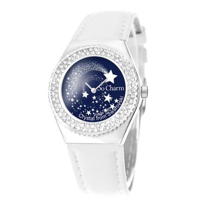 Montre mouvement tournant en forme d'étoiles ornée de 87 cristaux Swarovski par So Charm® 30mm Blanc