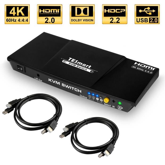 TESmart 2x1 Commutateur KVM HDMI 4K 3840x2160@60Hz 4: 4: 4 avec 2 Câbles KVM de 5ft/1,5m Prend en Charge Les périphériques USB 2.0
