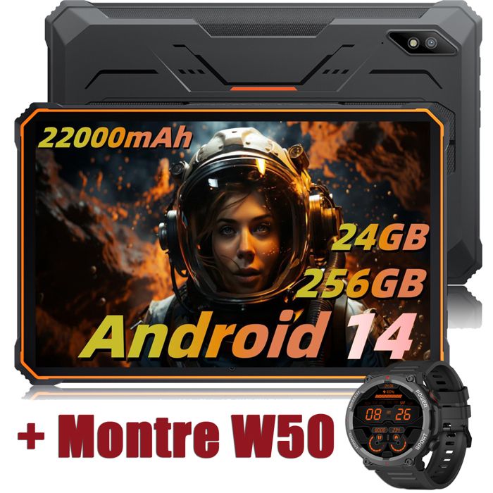 Blackview Active 8 Pro Tablette Incassable 10.36 2.4K FHD+ 24Go+256Go 22000mAh(33W) 48MP+16MP Android 14 Orange Avec W50 Noir
