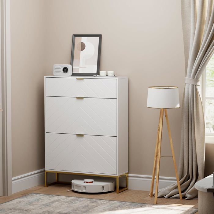 GOOBUY Armoire à Chaussure Inclinable 2 Rangements Chaussures Réglables et 1 Étagère Caché Motif Ligne 80x24x122cm Blanc