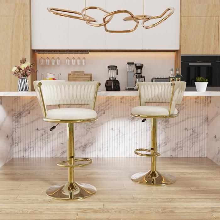 YIPEEMA. TABOURET DE BAR RELEVABLE ET PIVOTANT AVEC PIEDS PLAQUÉS OR 2 PIÈCES 38*38*88-100CM BEIGE.