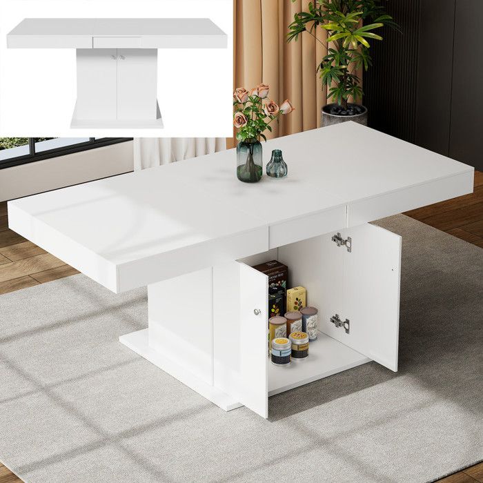 Table à Manger Extensible - 140 à 180 cm - Blanc Moderne - Rangement Intégré - 8 Places