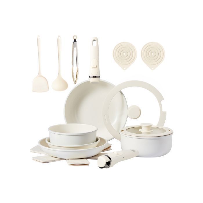 Batterie de cuisine - ALIGHTUP - Ensemble de cuisine 19 pièces 2 poêles + 1 Sauteuse+ 2 Casseroles avec 2 Poignée amovible - Blanc