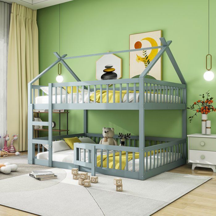 Lit Superposé Maison Enfant - Merax - 140x200 cm - Bois Massif Gris - Escalier Sécurisé - Design Maison