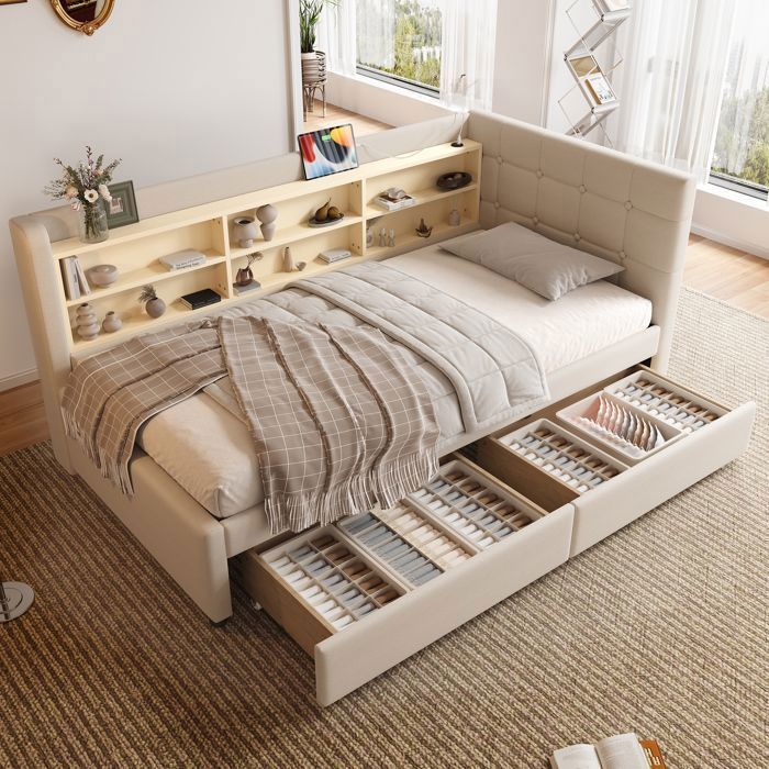 Canapé-lit 90 x 200 cm avec 2 tiroirs de rangement Lit simple avec tête de lit rembourré et étagères et ports USB+Type C Lin Beige