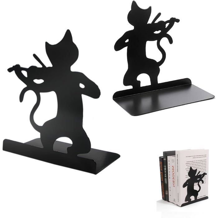 1 paire de serre-livres chat mignon métal noir 135×95×160 mm antidérapants pour étagère