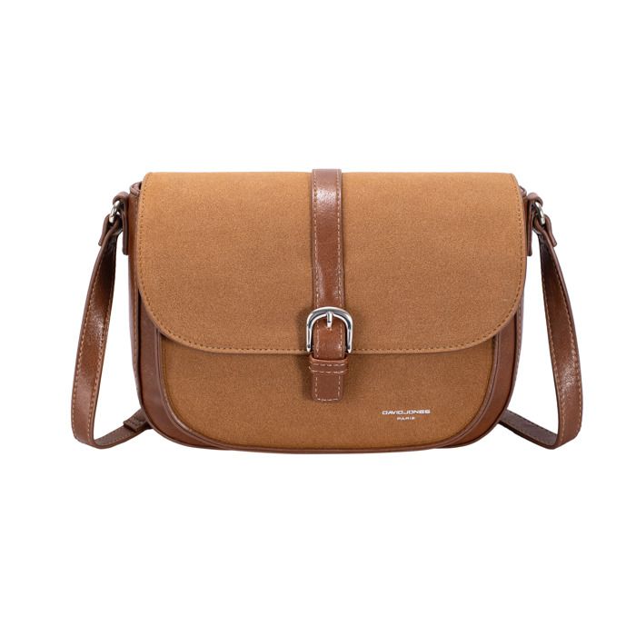 David Jones Paris - Sacoche Besace Bandoulière - Porté épaule - Similicuir lisse suédine - Plusieurs poches - Couleur Marron
