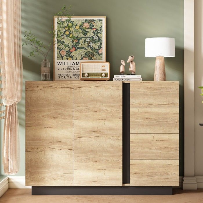 Buffet commode 4 tiroirs 2 portes salon cuisine noir naturel meuble de rangement design moderne dimensions 120 x 35 5 x 90 5 cm Buffet commode 4 tiroirs 2 portes salon cuisine noir naturel meuble de rangement design moderne dimensions 120 x 35 5 x 90 5 cm