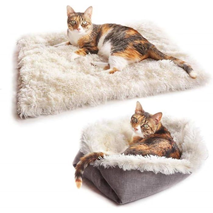 Lit pour chat et chien 2 en 1 - ESTAMPILLE - 61x51 cm - Blanc - Convertible en tapis - Moelleux - Lavage en machine