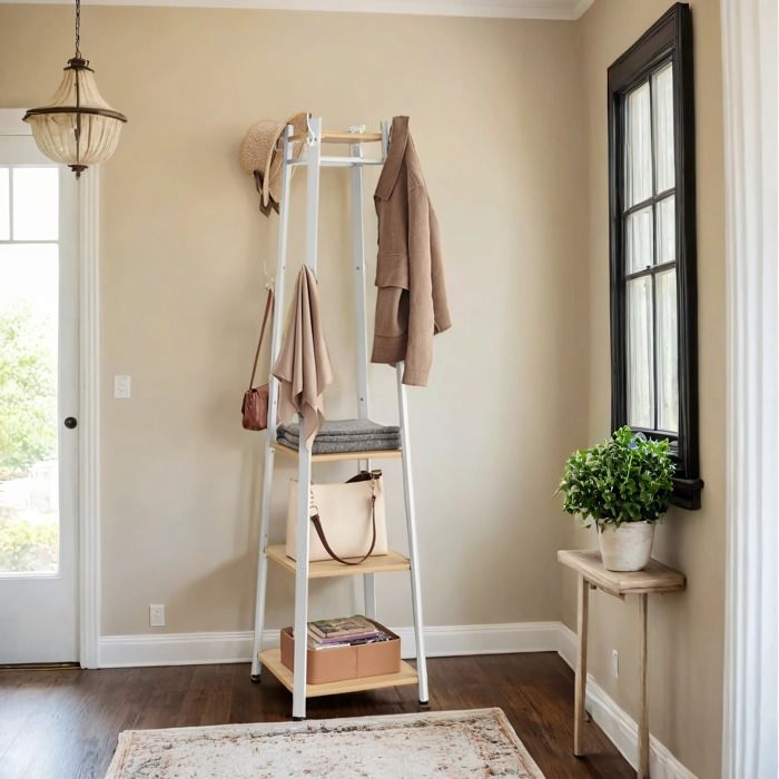 Porte Manteau avec 3 Étagères de Rangement avec Crochets Structure en Acier pour lEntrée le Salon Couleur Chêne et Blanc